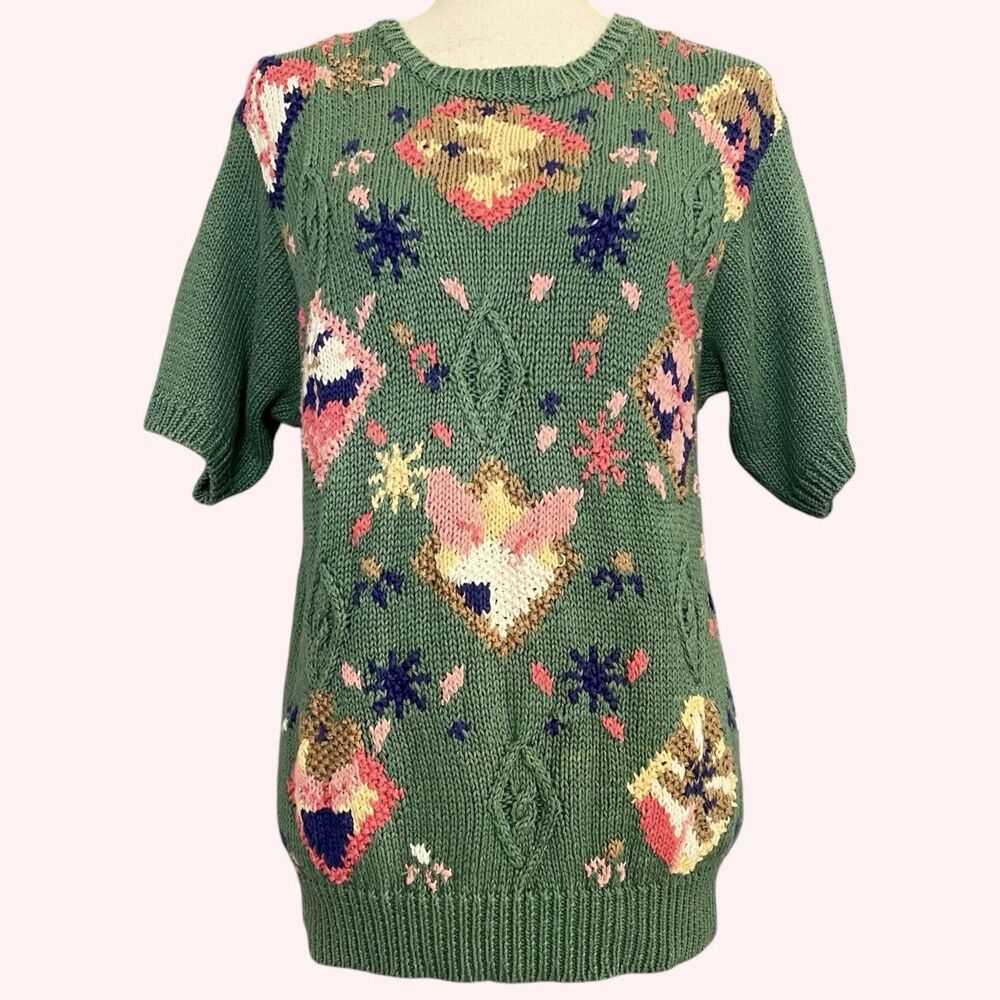 Petite Sophisticate Cottagecore Sweater Size S Green Pink Floral Grandmacore Vtg